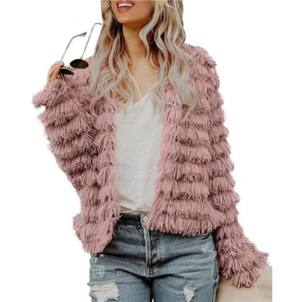 Women’s Open Front Faux Fur Cardigan Pink Cozy Vintage Shaggy Fall Coat